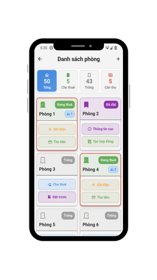 Giao diện DigiHome hiển thị trạng thái các phòng