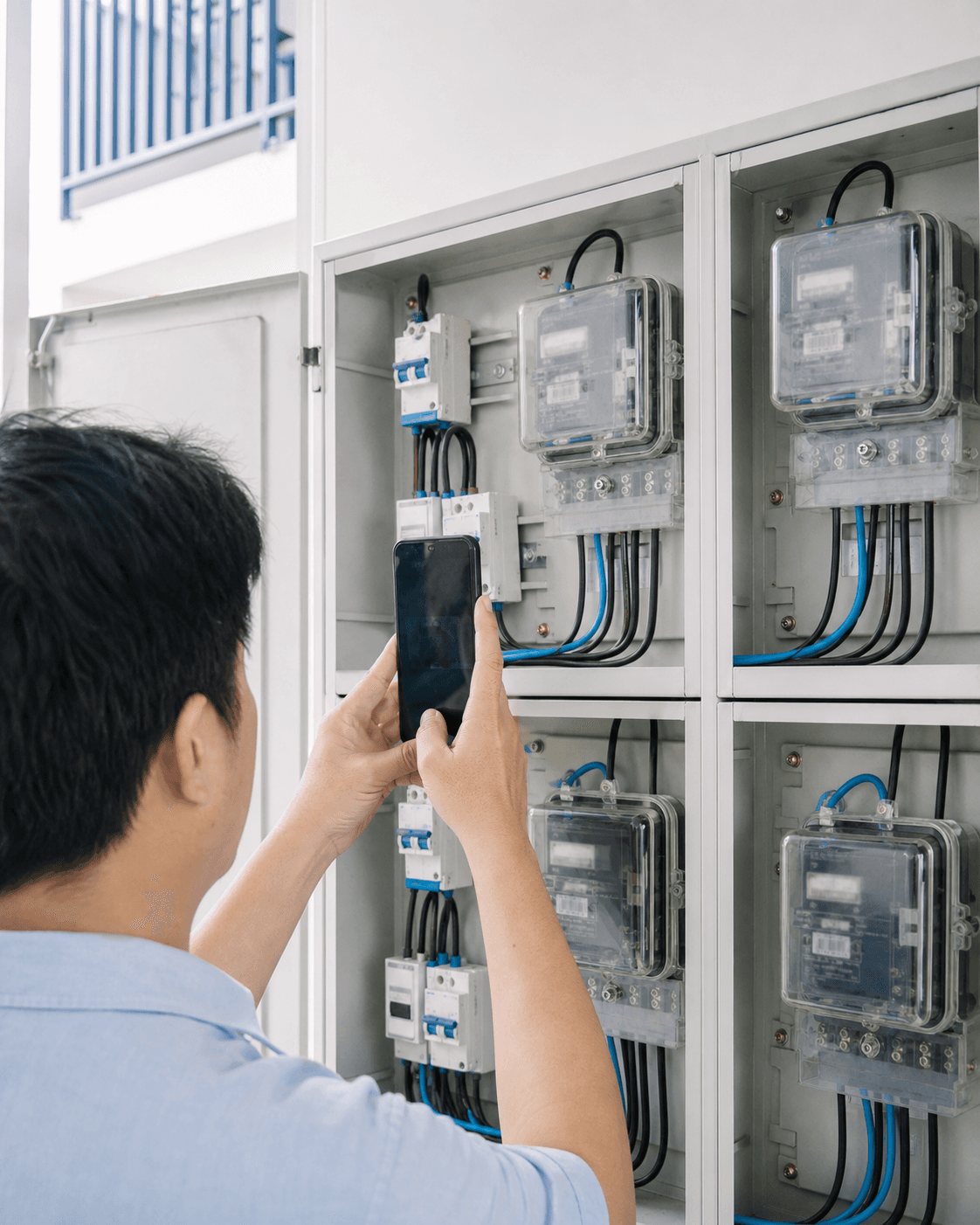 Chủ nhà trọ ghi chỉ số điện nước tại khu căn hộ