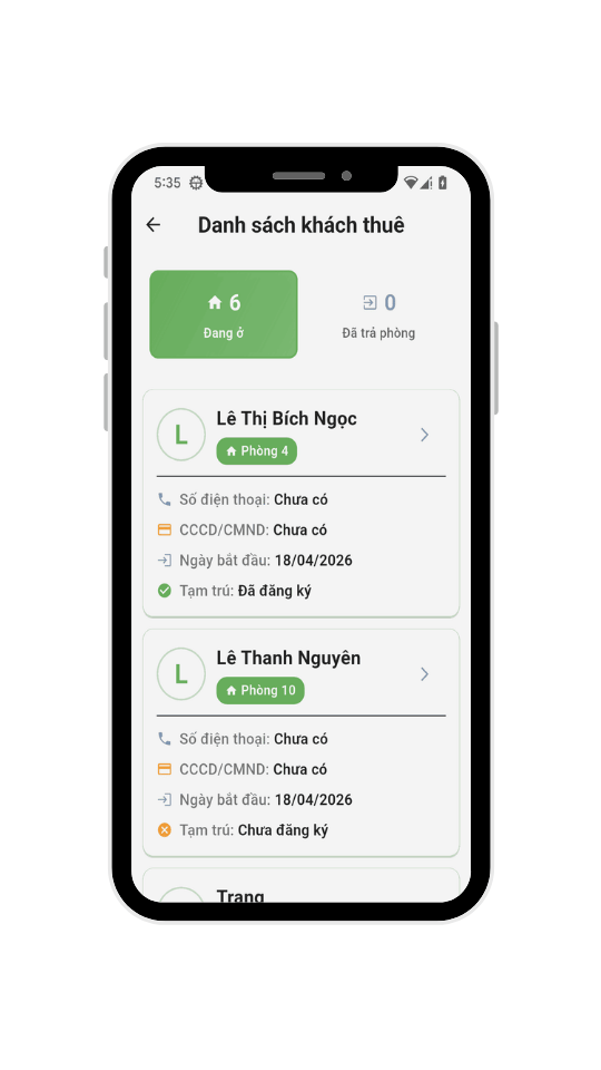 Giao diện DigiHome hiển thị danh sách người thuê, phòng và thông tin cần theo dõi